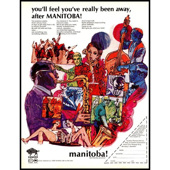 1970 Manitoba Canada Travel Tourism Vintage Print Ad Drawing Theater Music Art - Picture 1 of 1